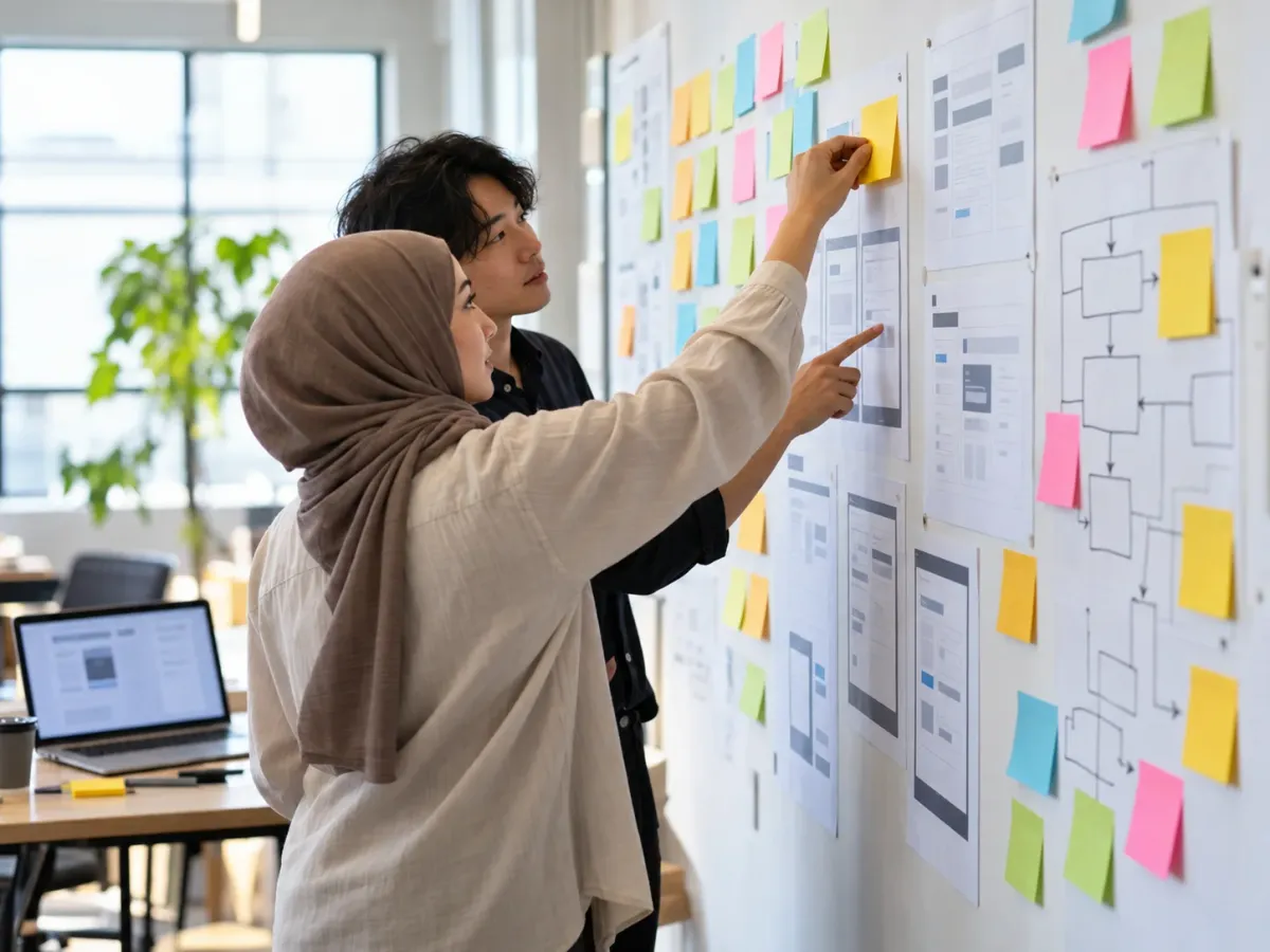 Two people planning at a wall of sticky notes, wireframes and a system diagram