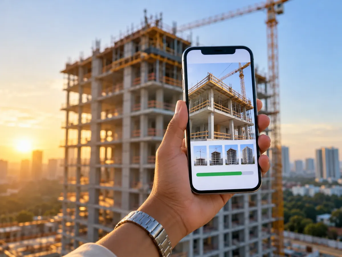 A phone showing progress photos of a building under construction