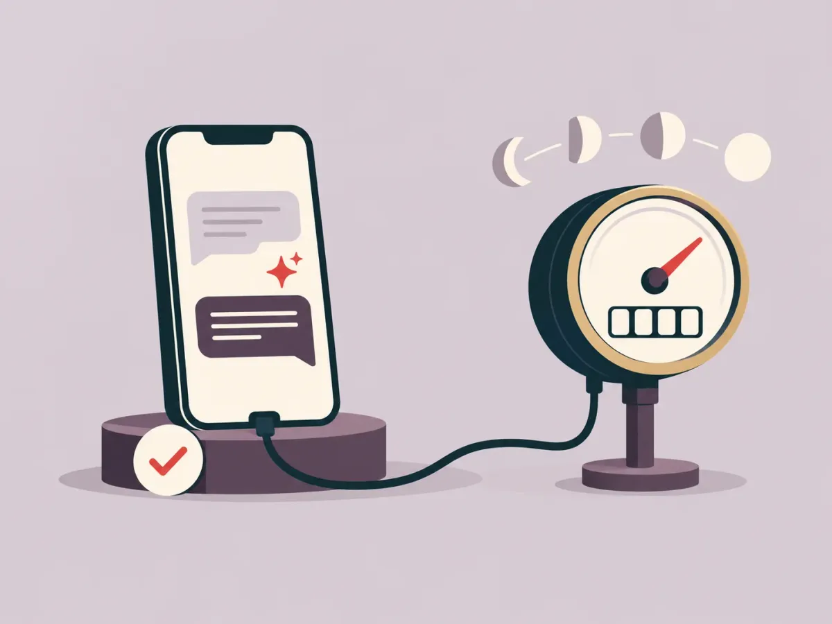 Illustration: a phone with a chat on a stand, wired to a running meter
