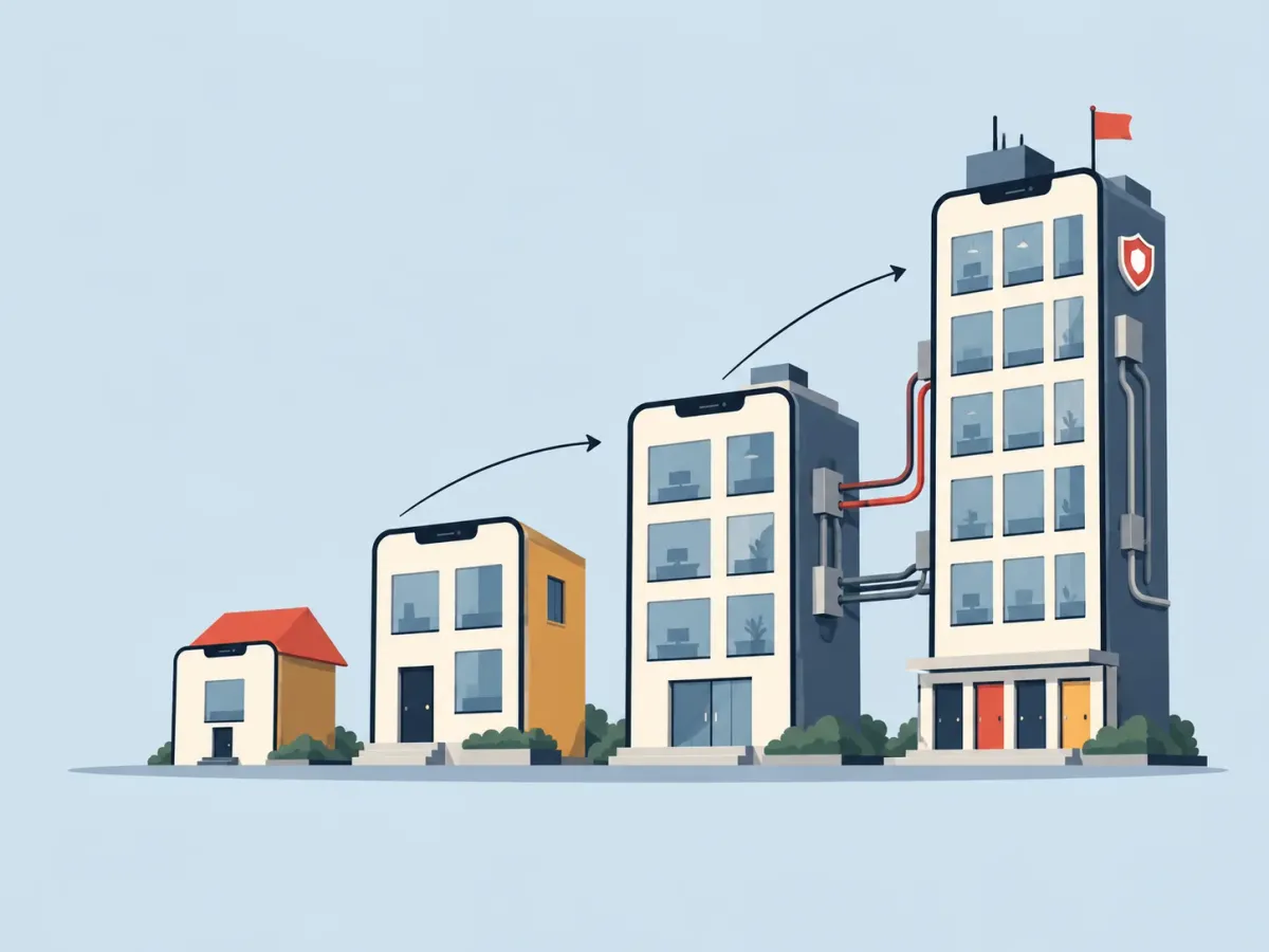 Illustration: four buildings growing from a small house to a tower