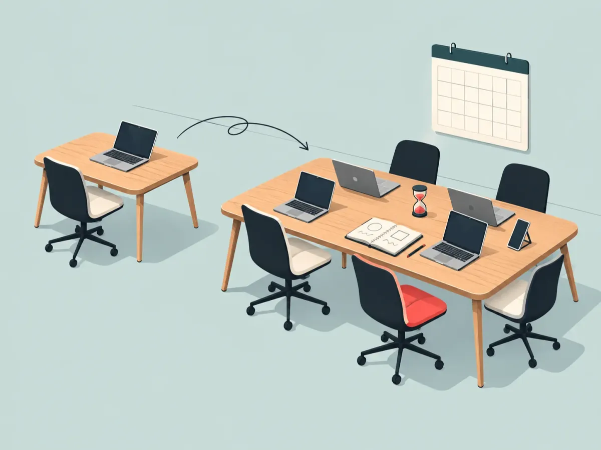 Illustration: one empty desk next to a full team table