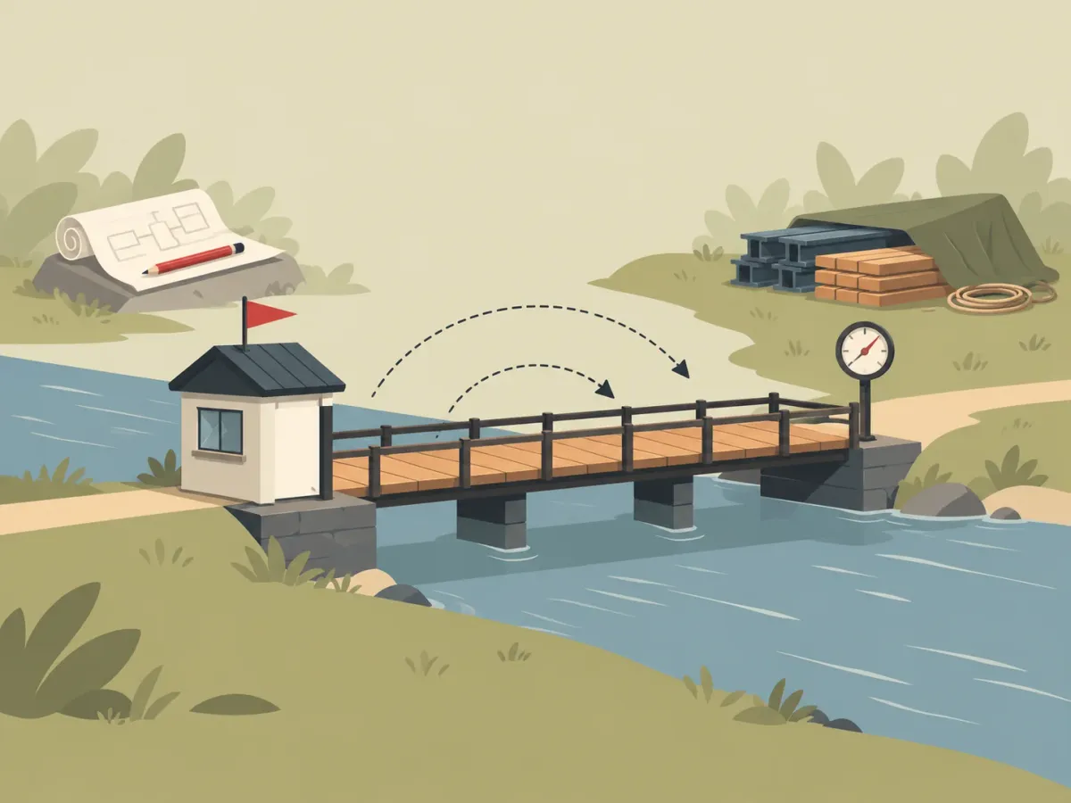 Illustration: a small footbridge built first, with materials for a bigger bridge waiting on the bank