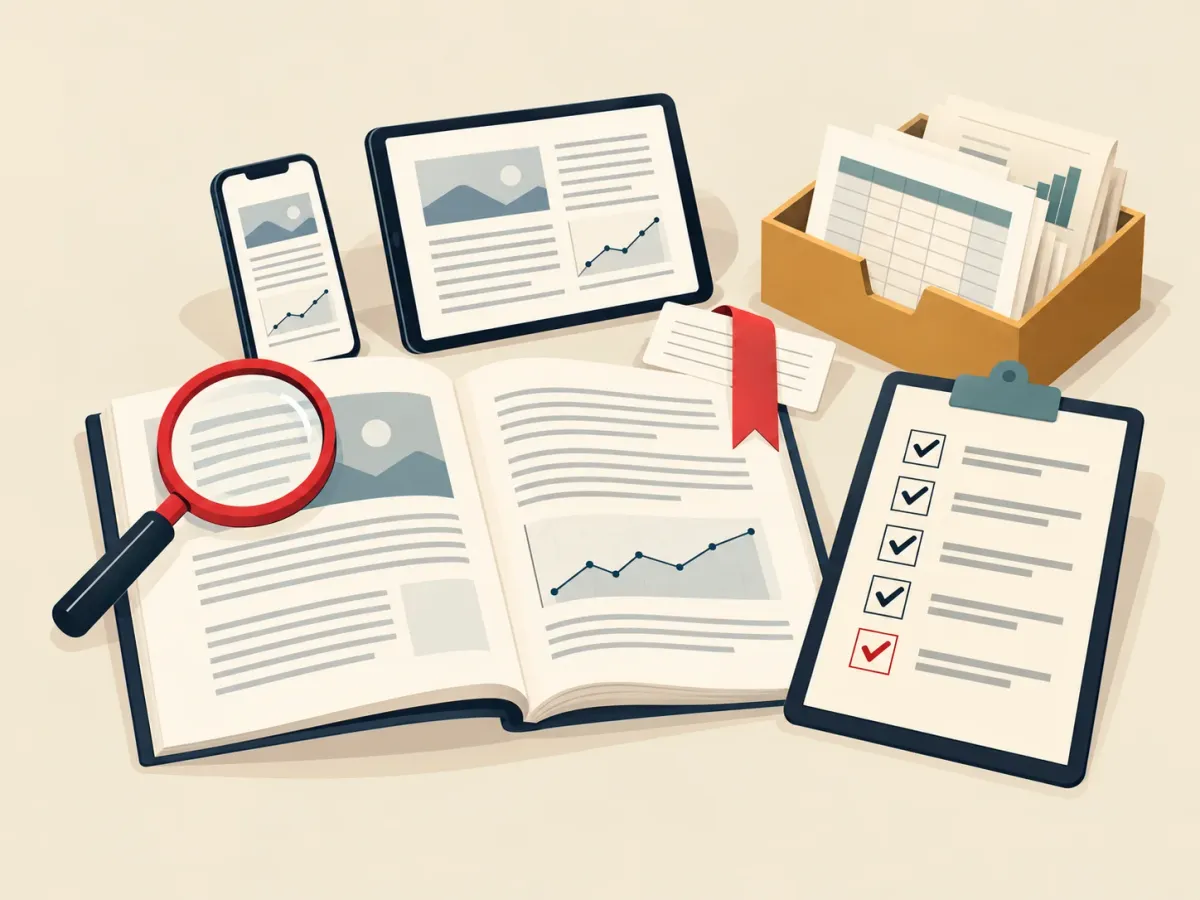 Illustration: an open report with a magnifier, a phone, a tablet and a ticked checklist