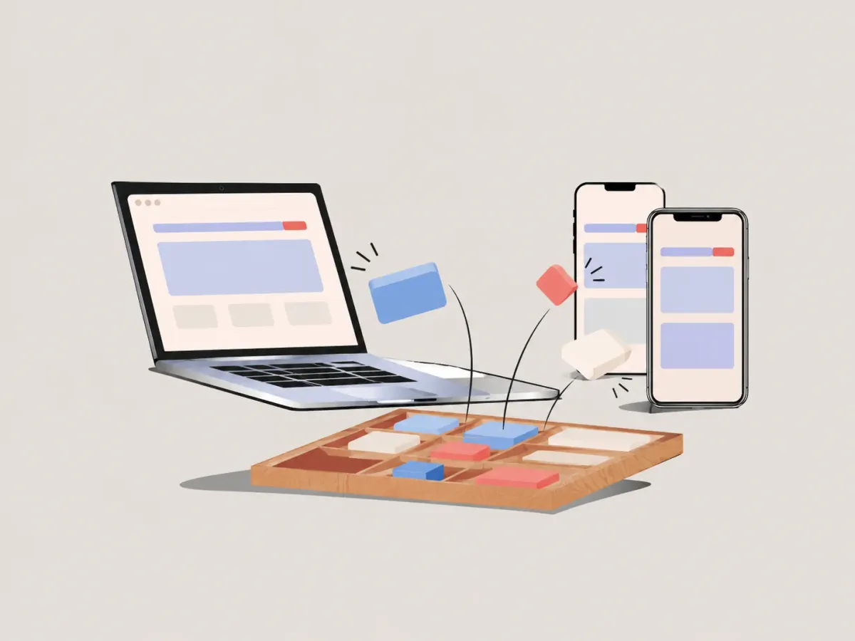 Illustration: blocks from one tray building matching layouts on a laptop and two phones