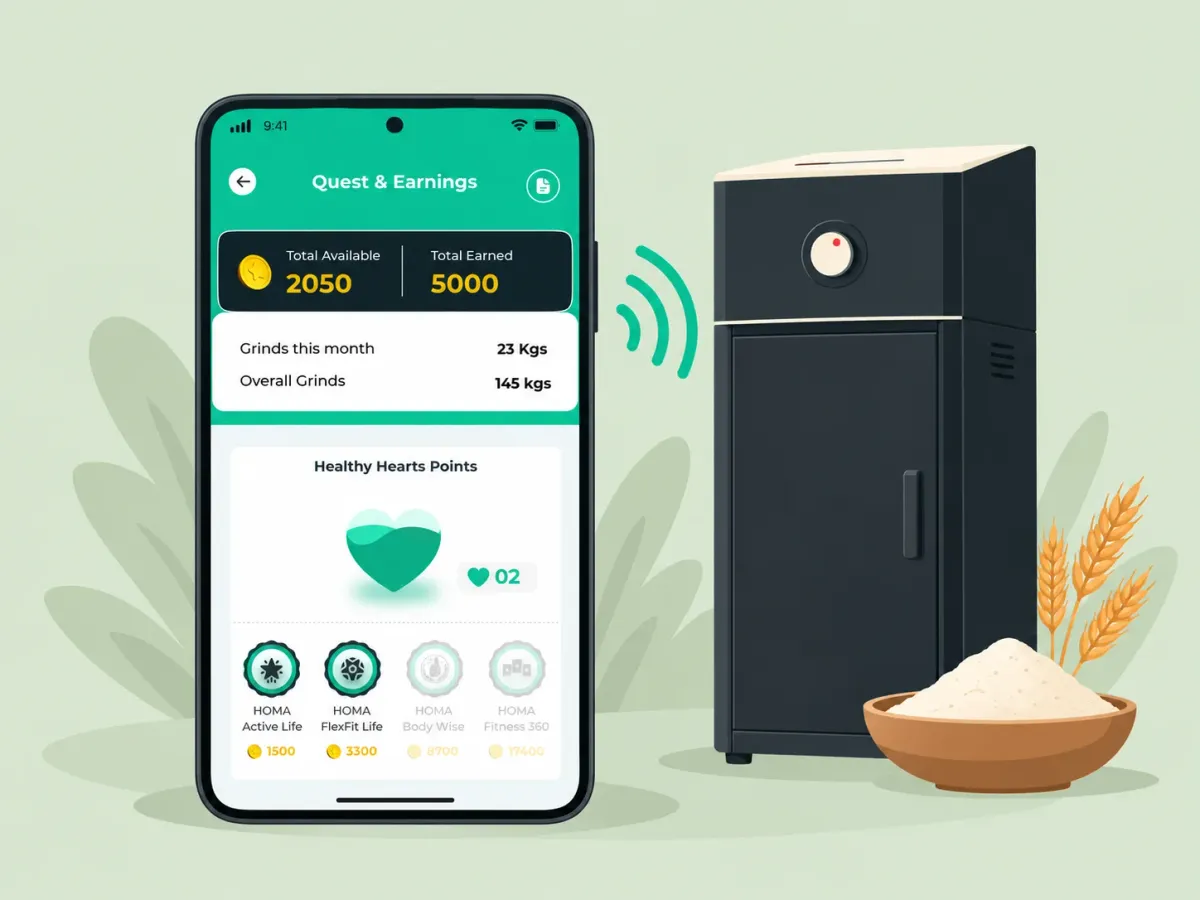 Illustration: the Homa app on a phone, sending a signal to a home flour mill