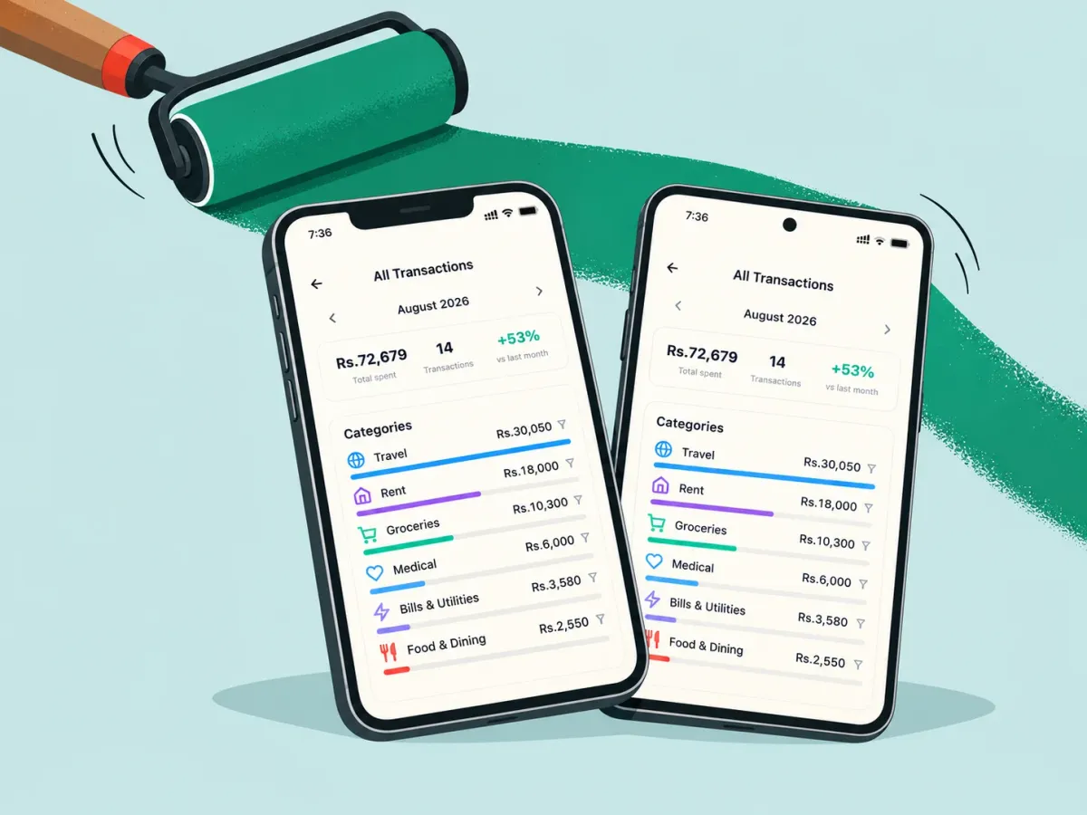 Illustration: a paint roller printing the same Fincurry screen onto two phones