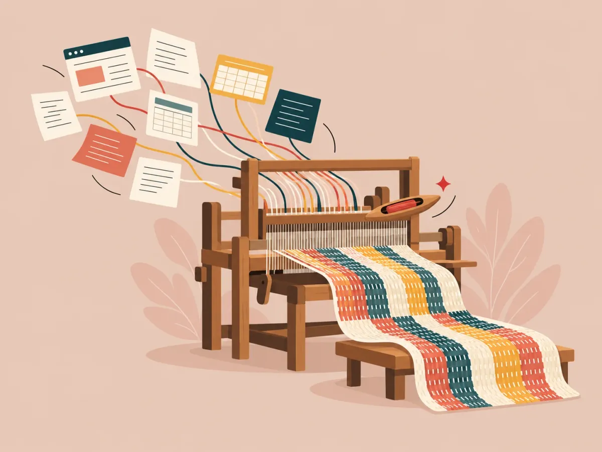 Illustration: a loom weaving scattered pages and tables into one striped cloth