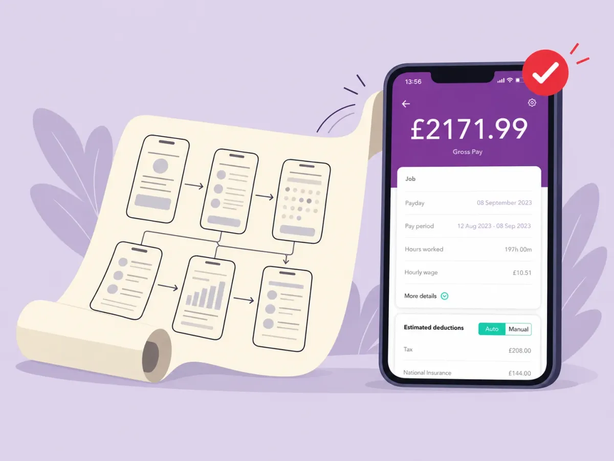 Illustration: a paper app plan unrolling into the WAC payslip screen on a phone