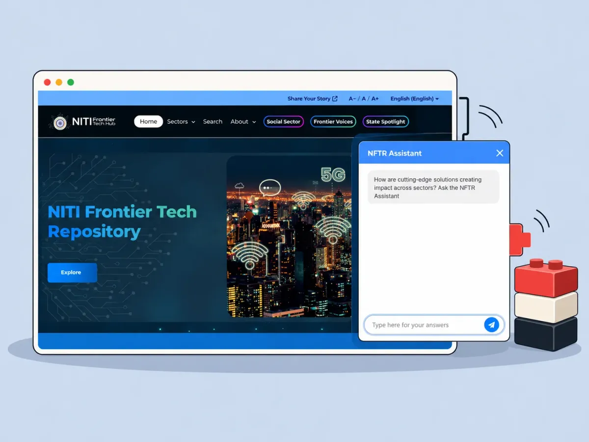 Illustration: the NITI Frontier Tech Repository portal with the NFTR Assistant open beside it, fitted in like a building block
