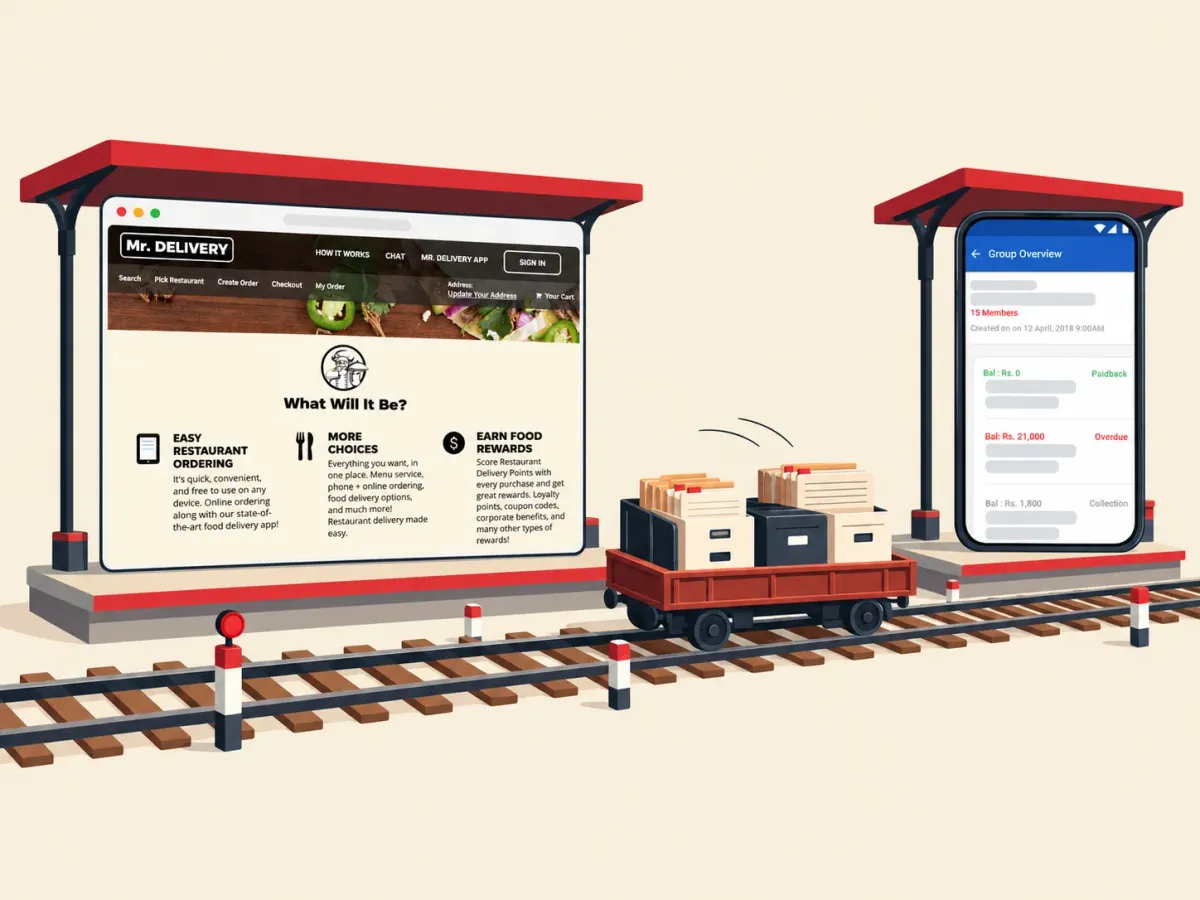 Illustration: a railway line with the Mr Delivery site and an Aadhar India app screen as stations