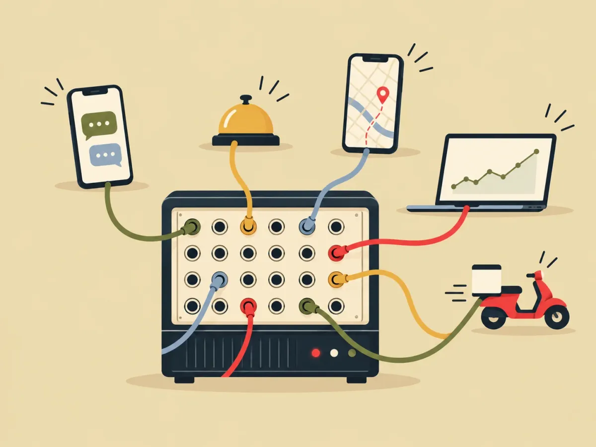 Illustration: a switchboard patching live lines to a chat, a map, a bell, a laptop and a delivery scooter