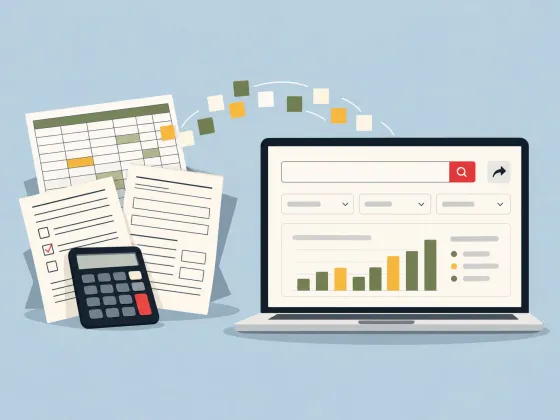 A spreadsheet, paper forms and a calculator turning into one web tool with search on a laptop