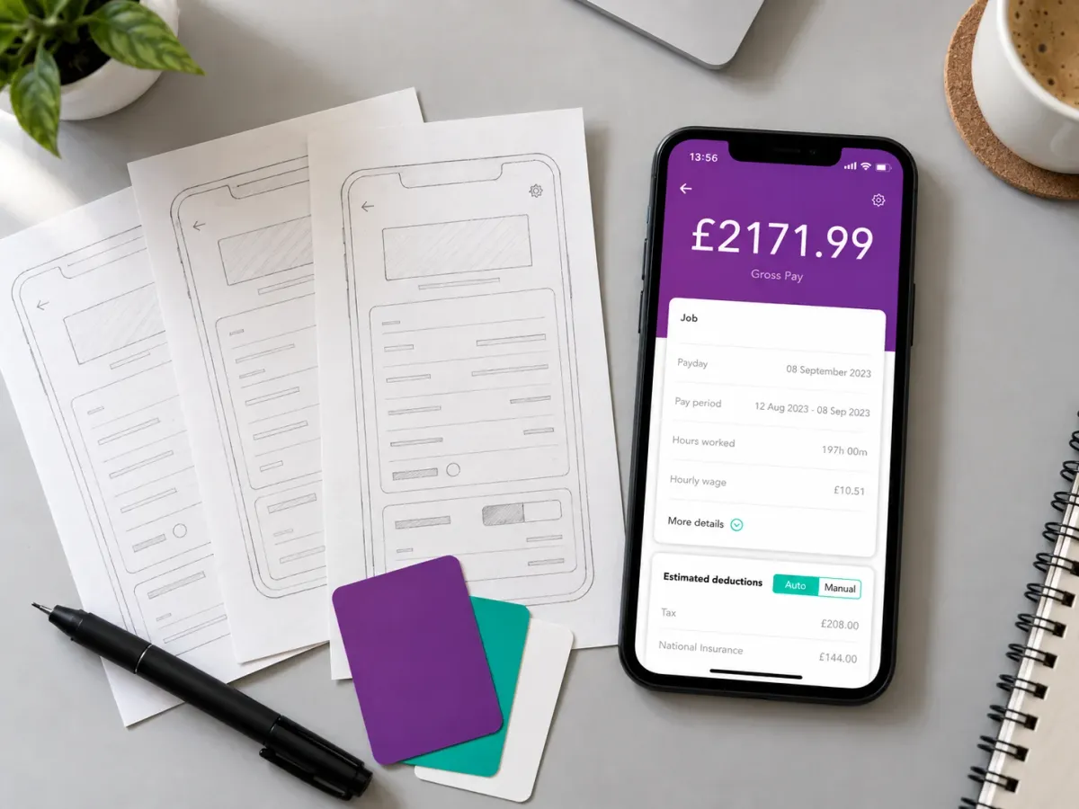 Pencil wireframes beside a phone showing the finished WAC payslip screen
