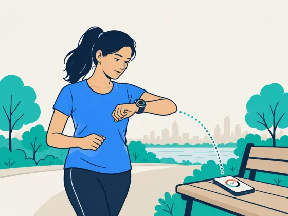A runner checking a smartwatch beside a park path, with a small device on the bench