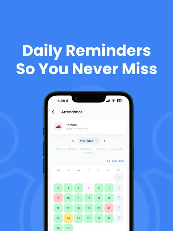 ApnaStaff store screen, Daily reminders so you never miss: a month of attendance on a calendar
