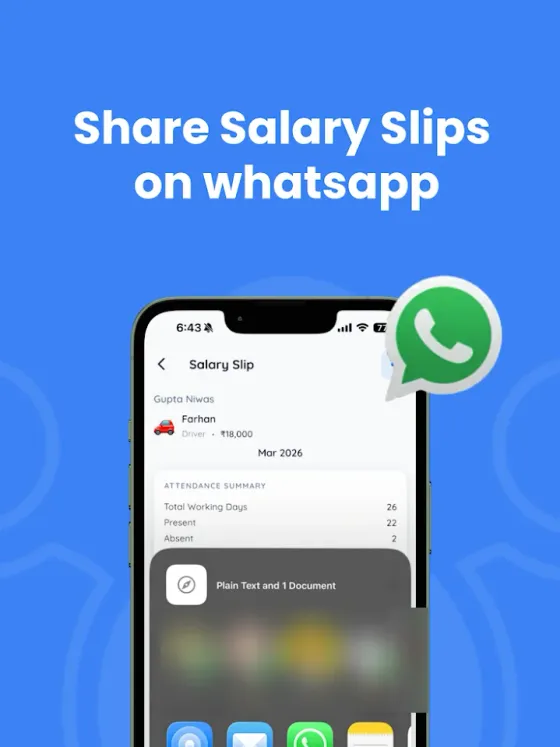 ApnaStaff store screen, Share salary slips on WhatsApp: a salary slip with the phone share sheet open (contacts blurred)