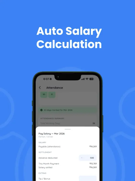 ApnaStaff store screen, Auto salary calculation: a pay summary with deductions, advances and holidays