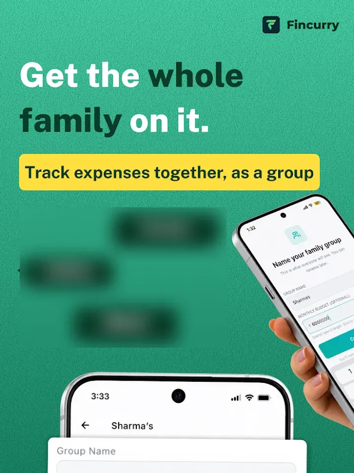 Fincurry store screen, Get the whole family on it: a family group set up with a monthly budget (sample names blurred)