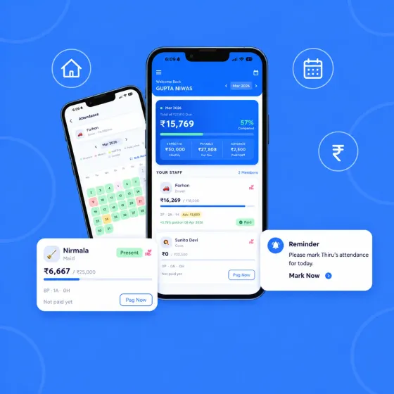 Two phones showing an app with a calendar and account balances, on a blue ground