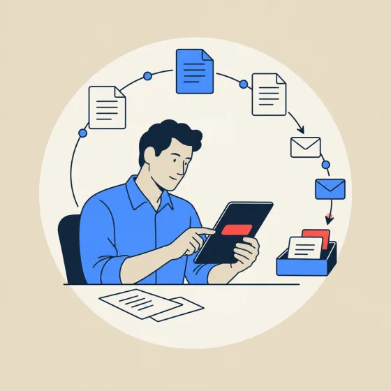 A person at a tablet, with documents and envelopes moving around them in a loop
