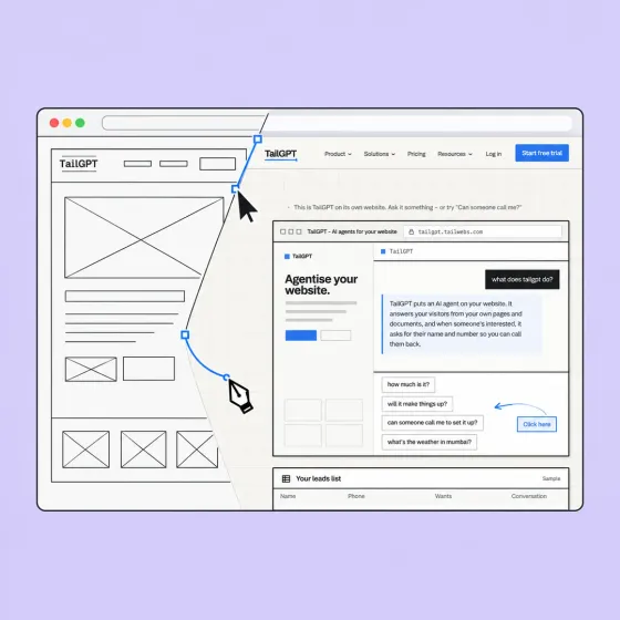 A website page drawn as a wireframe on one side and finished on the other